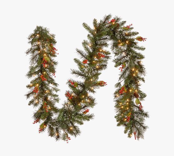 PreLit Faux Wintry Pine Wreath & Garland With Clear Lights Pottery Barn
