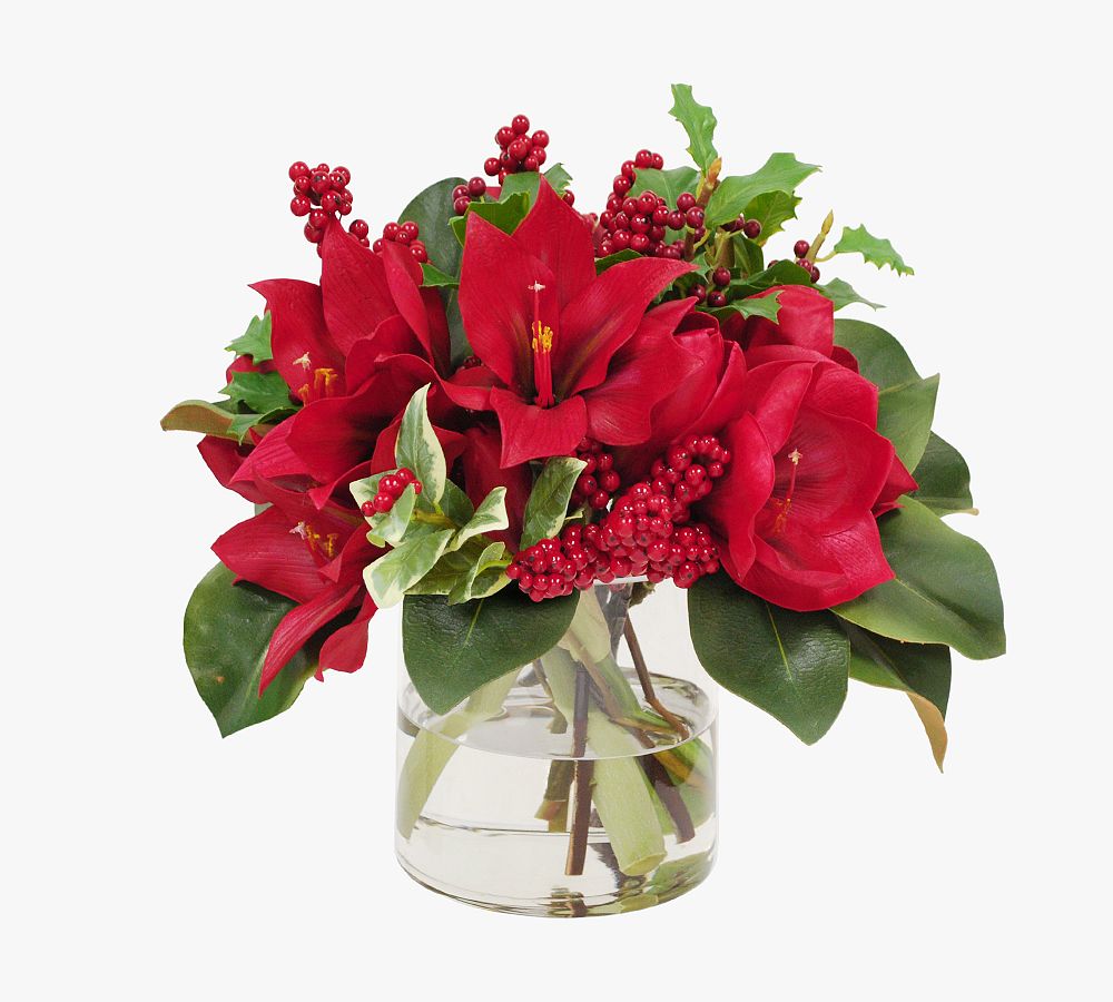 Faux Garden Amaryllis & Holly in Glass Vase Artificial Flowers