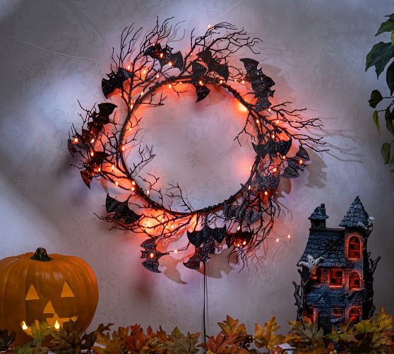Faux PreLit Black Twig Bat Wreath Pottery Barn
