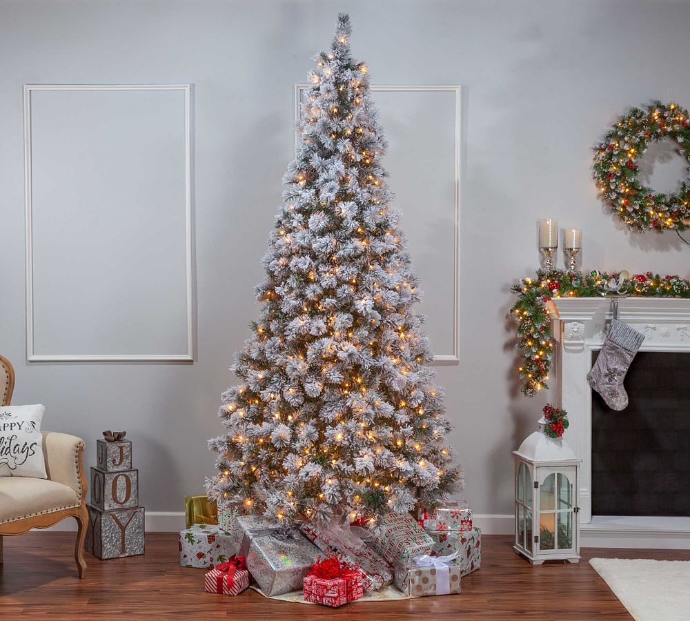 Lit Flocked Boise Pine Faux Christmas Trees Pottery Barn