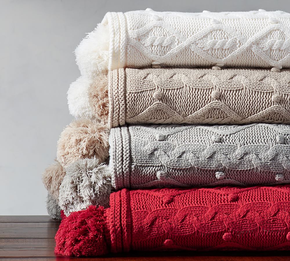 Cozy Fur Reversible Pom Pom Throw Blanket Pottery Barn