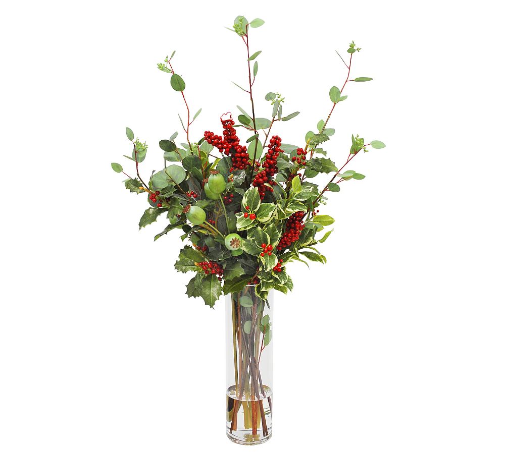 Faux Eucalyptus & Holly Arrangement in Glass Vase Pottery Barn