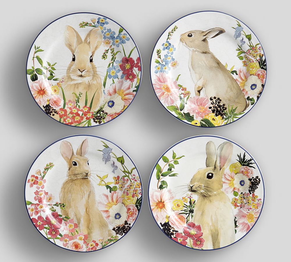 Floral Bunny Assorted Stoneware Salad Plates Set of 4 Pottery Barn