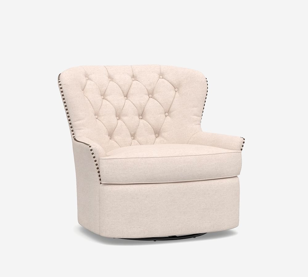 Cardiff Tufted Upholstered Swivel Armchair with Nailheads Pottery Barn