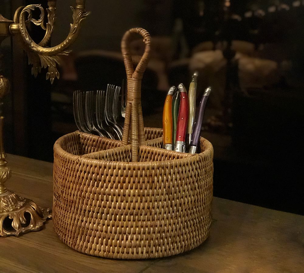 Tava Handwoven Rattan Round Flatware Caddy Pottery Barn