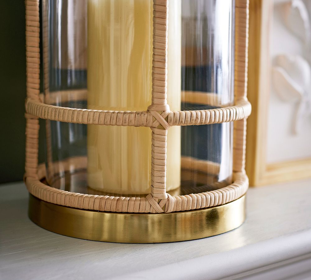 Lila Handcrafted Rattan & Brass Hurricane Candleholder | Pottery Barn