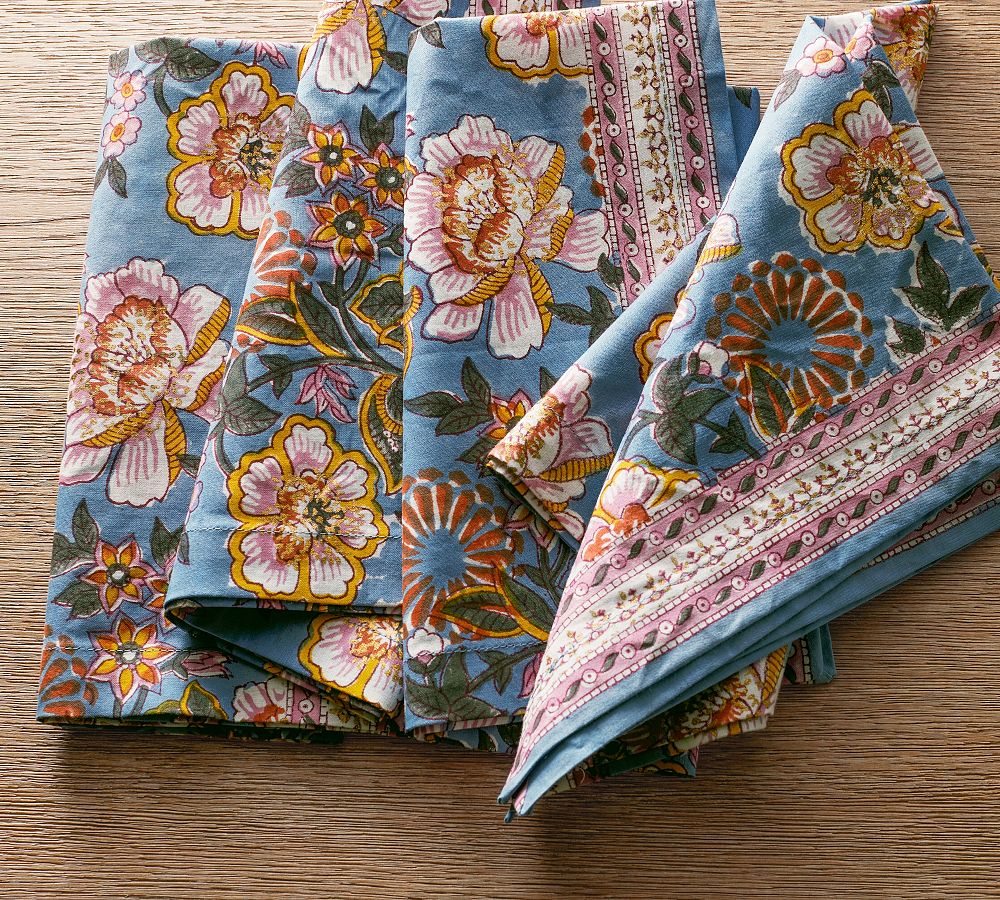 Anila Floral Block Print Cotton Napkins - Set of 4