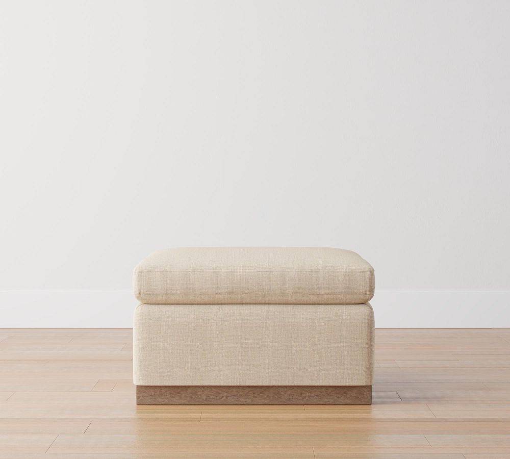 Dream Square Slim Arm Upholstered Ottoman with Wood Base | Pottery Barn