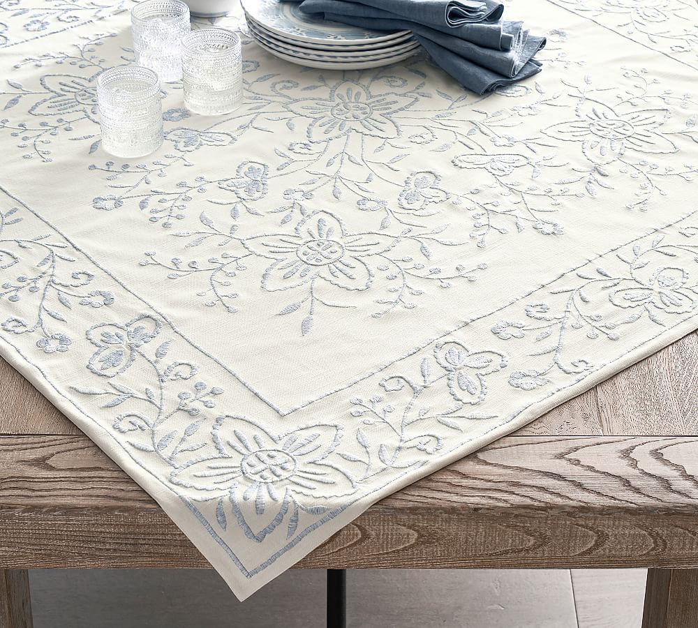 Chambray Floral Embroidered Cotton Table Throw