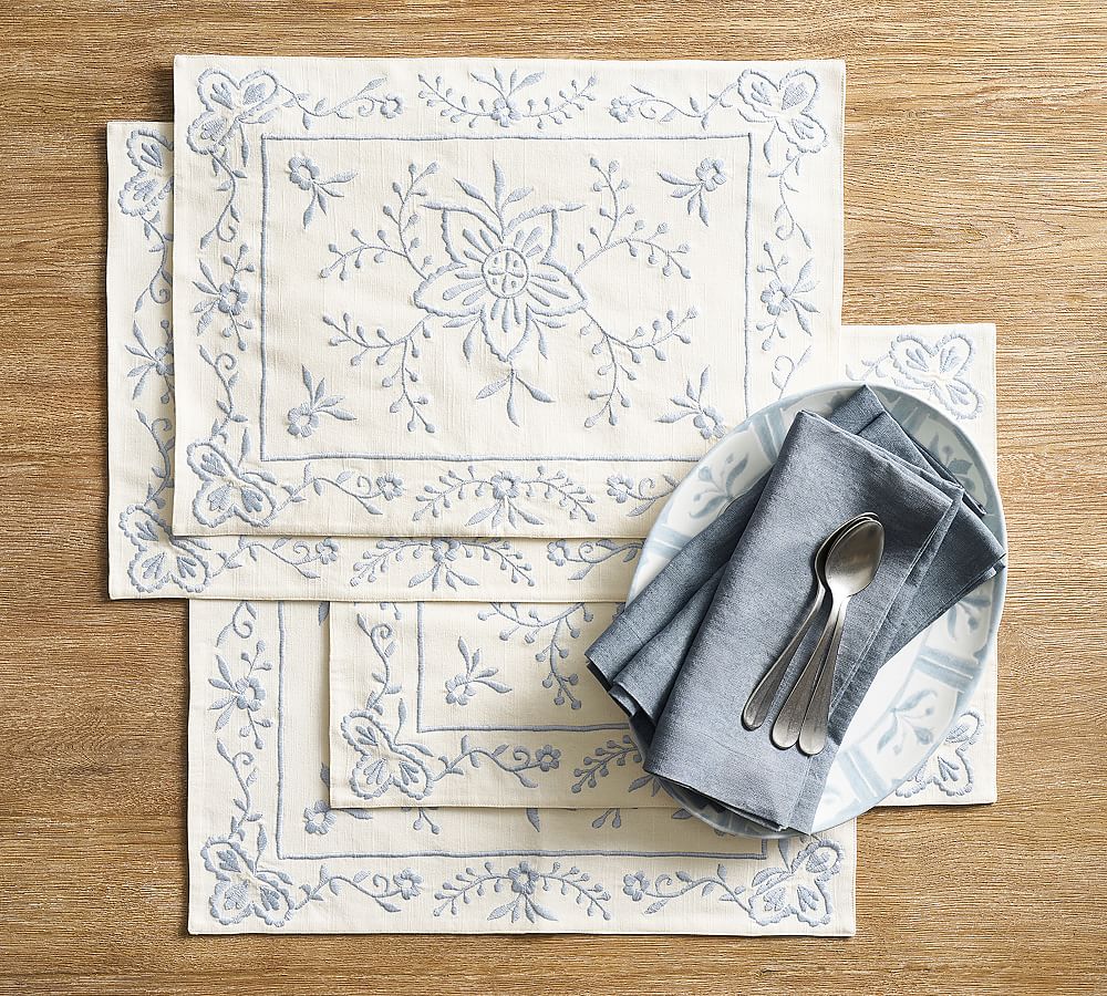 Chambray Floral Embroidered Cotton Placemats Pottery Barn