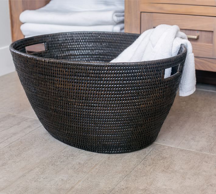 Black Oval Laundry Basket with Gray Handles