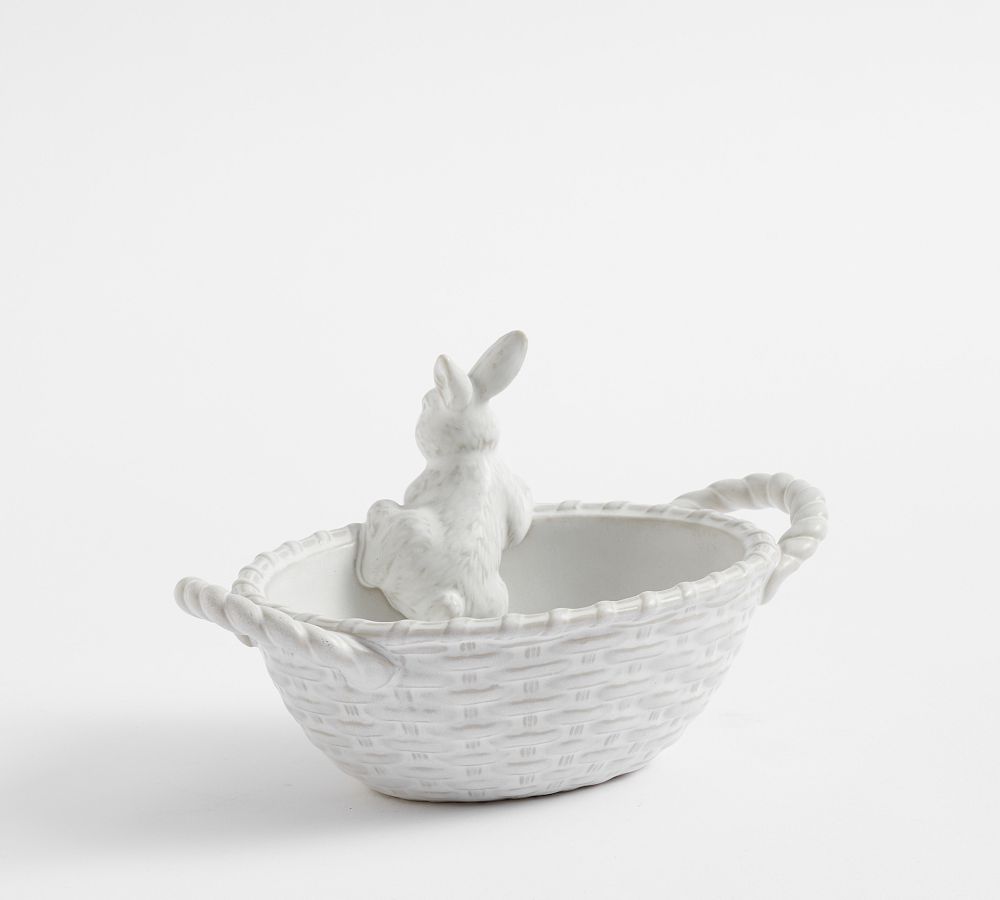 Rustic Bunny Basketweave Handcrafted Stoneware Candy Bowl Pottery Barn