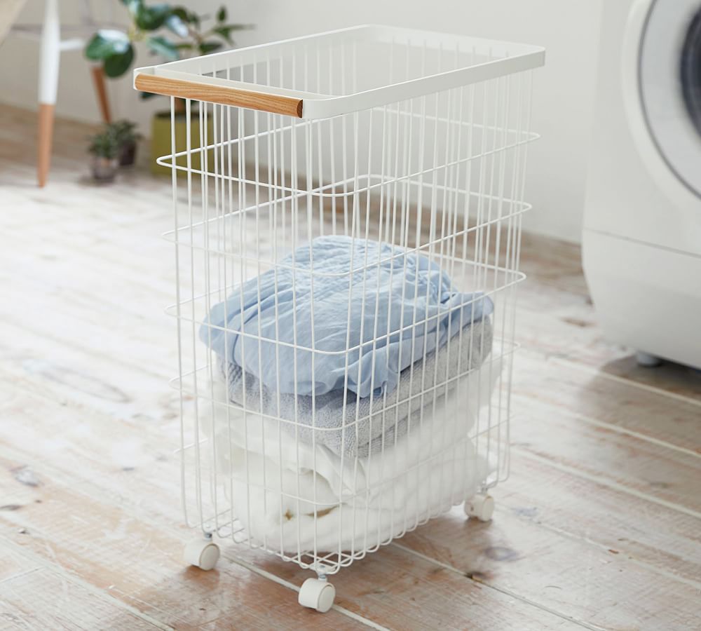 Tosca Slim Rolling Laundry Basket, White | Pottery Barn