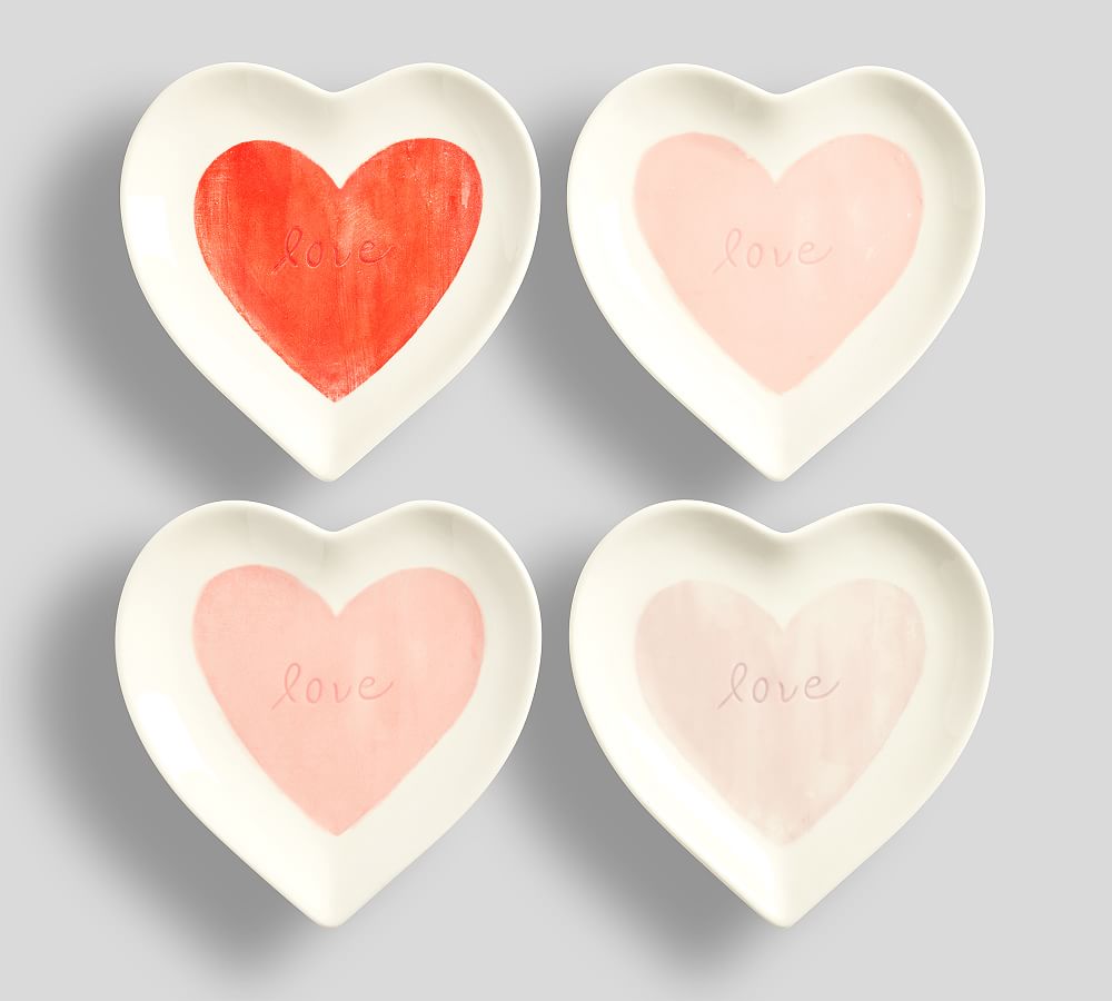 Watercolor Heart Shaped Stoneware Appetizer Plates Set of 4 Pottery