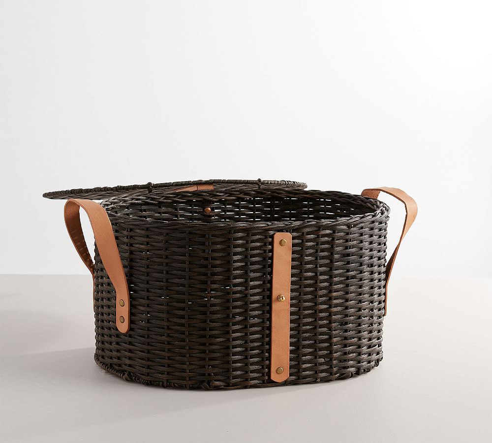 Austin Woven Basket with Lid Distressed Black Pottery Barn
