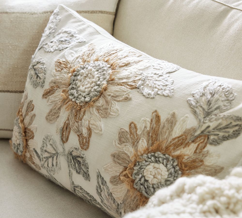 Autumn Sunflower Embroidered Lumbar Throw Pillow Pottery Barn