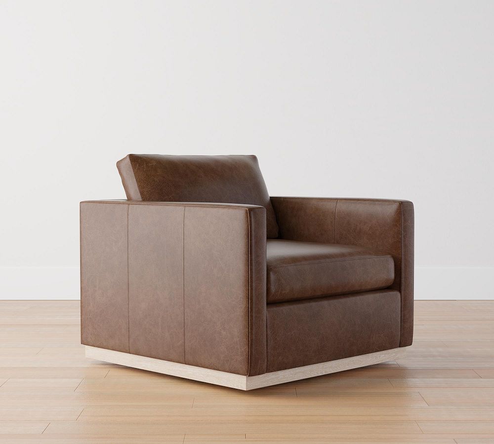 Jake Leather Swivel Armchair with Seadrift Wood Base Pottery Barn