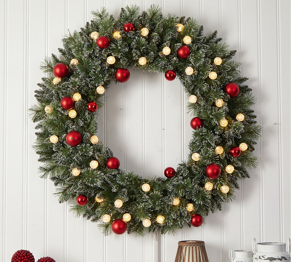 Lit Faux Oversized Holiday Wreath With Ornaments & Clear LED Lights