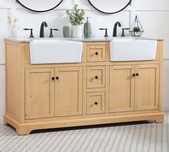 The Mag Barnwood Vanity With Double Farmhouse Apron Sinks And Linen Tower