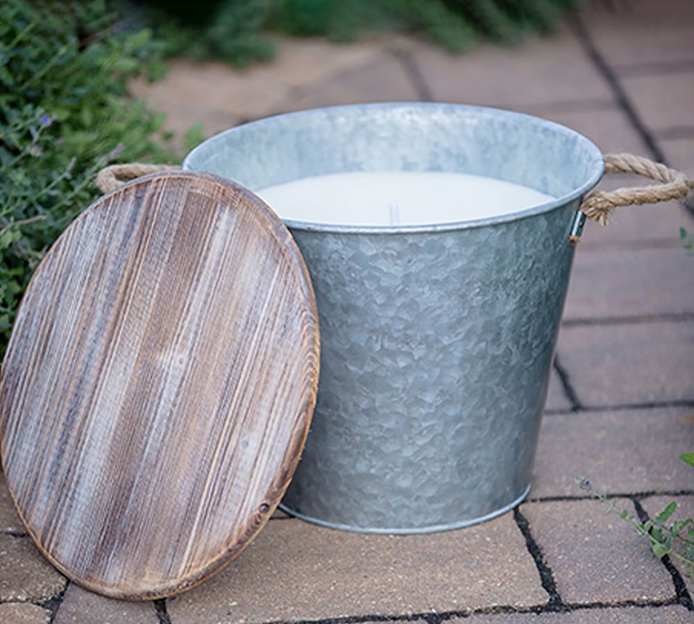 Galvanized Citronella Candle Bucket with Wood Lid Pottery Barn