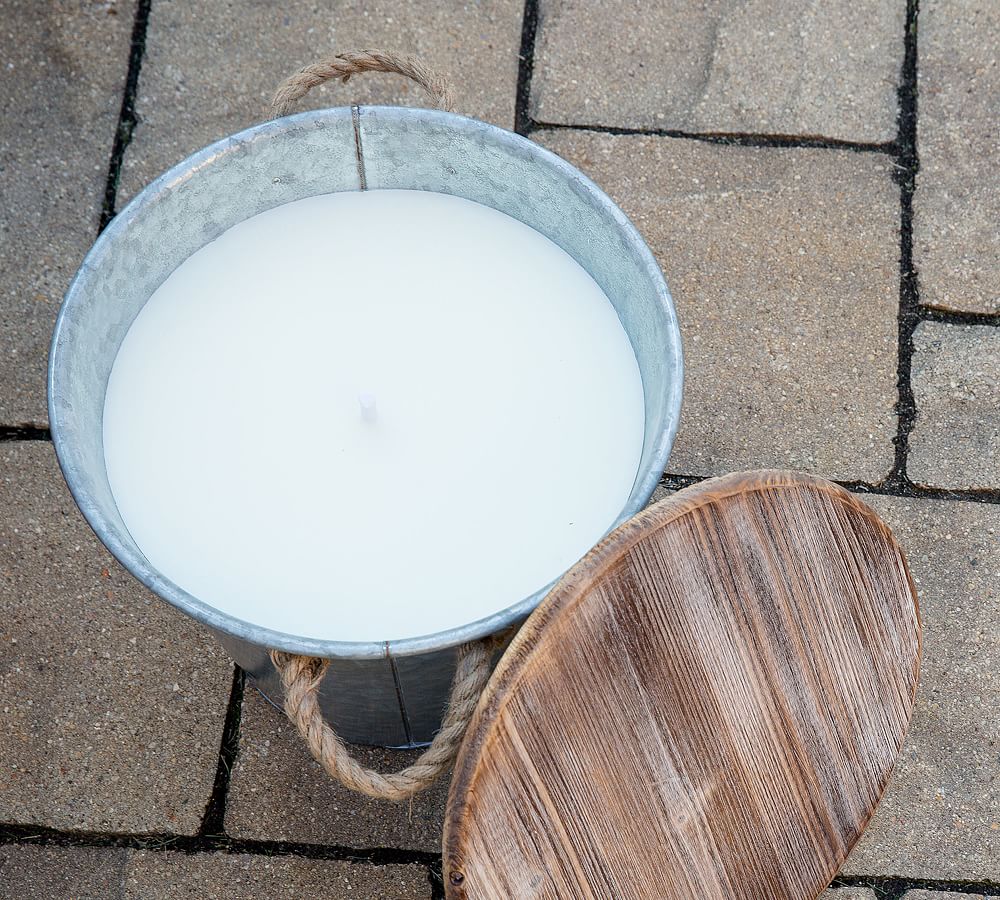 Galvanized Citronella Candle Bucket with Wood Lid Pottery Barn