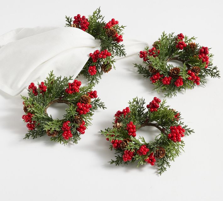 Pine and Berries Botanical Napkin Rings - Set of 4