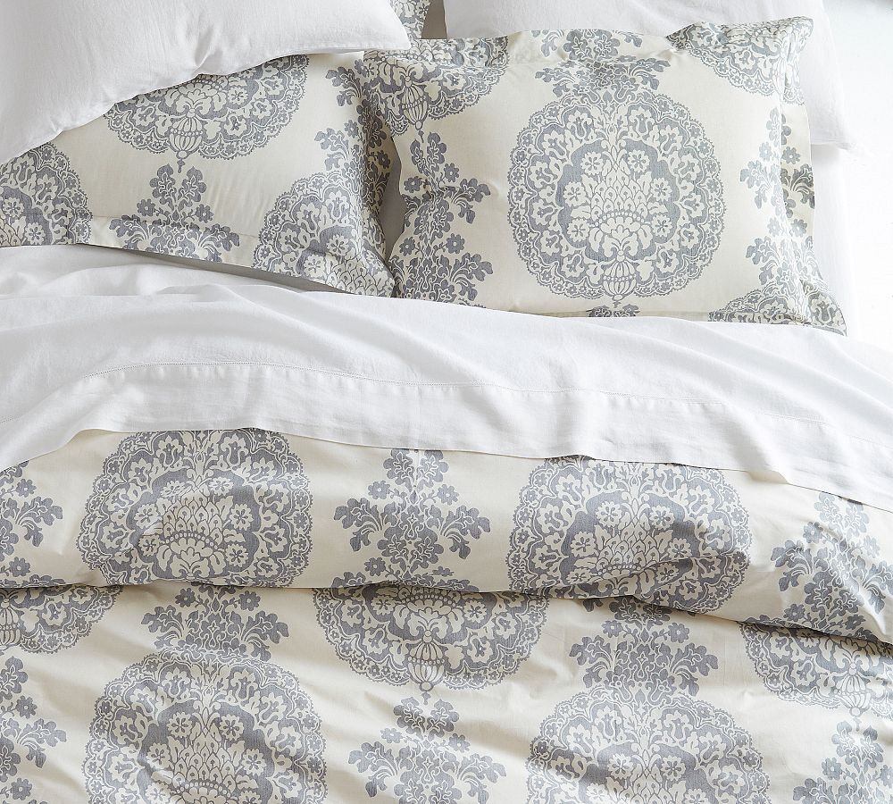 Gray Lucianna Medallion Percale Patterned Duvet Cover & Sham Pottery Barn