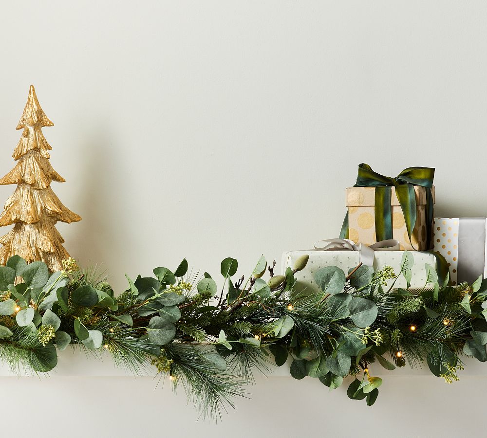 Lit Faux Eucalyptus and Pine Wreath & Garland