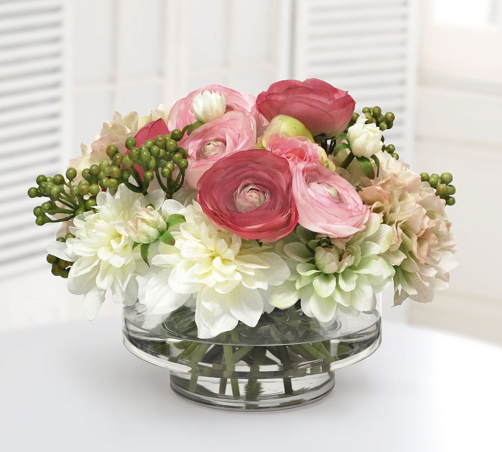 Faux Rose and Hydrangea in Clear Vase