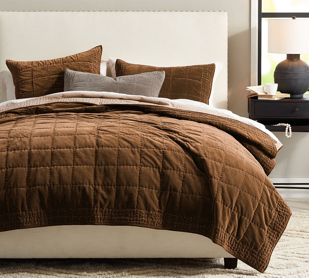 Velvet Handcrafted Box Stitch Quilt, King, Cognac