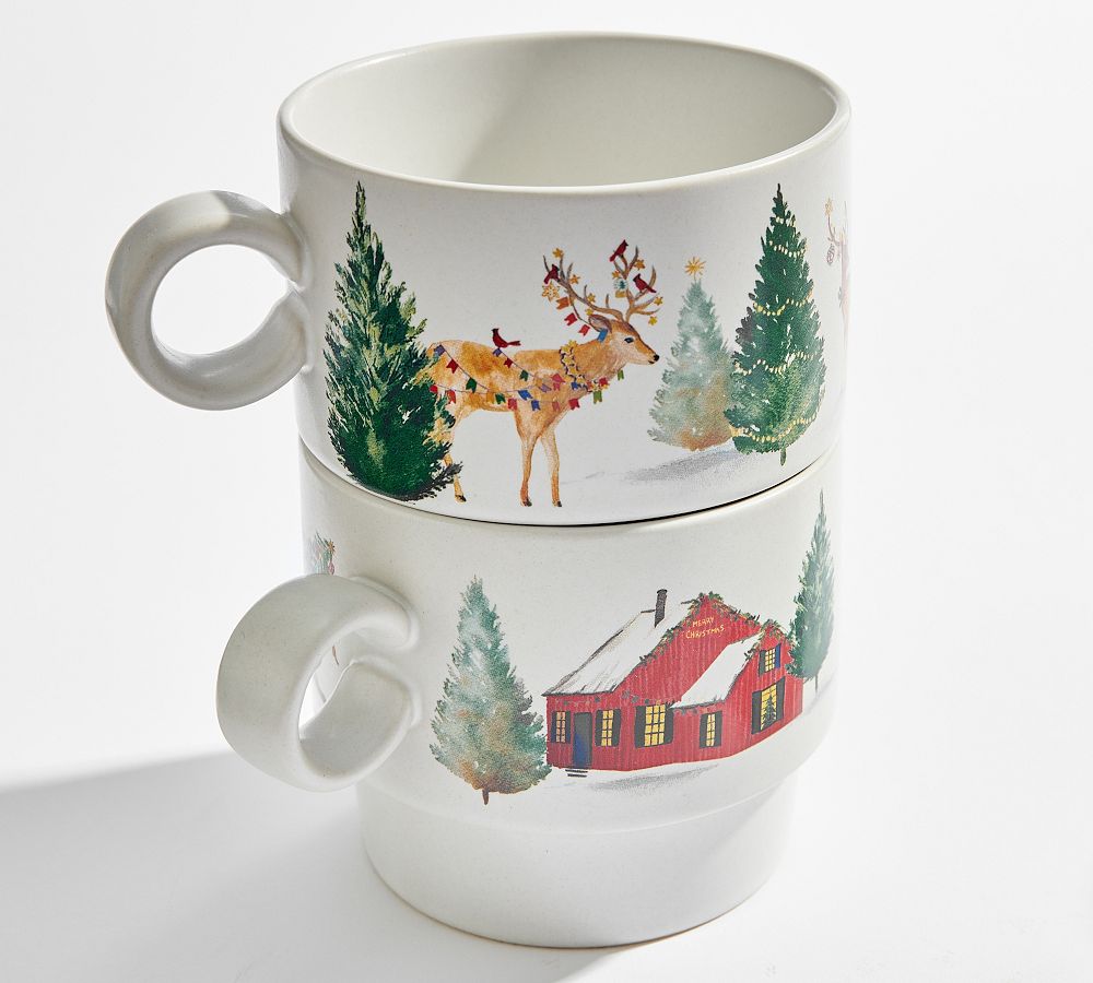 Pottery Barn Christmas in the Country Stoneware Mugs - Set of 4