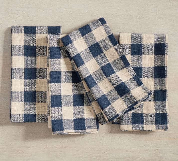 All Cotton and Linen Cloth Napkins, Set of 6, Cotton Dinner Napkins, Blue Linen Napkins, Buffalo Plaid Check Napkins, White Cotton Napkins, 18x18 inch