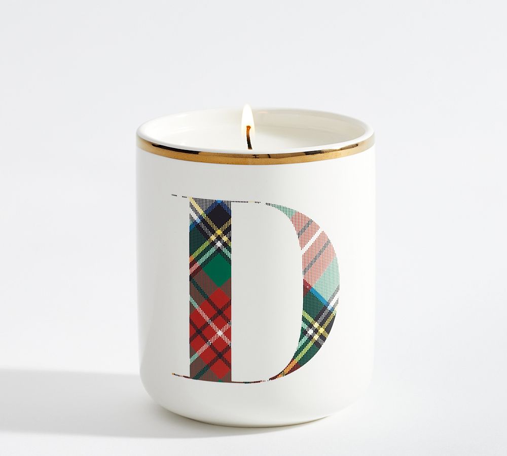 Stewart Plaid Alphabet Scented Candle - Winter Spruce | Pottery Barn