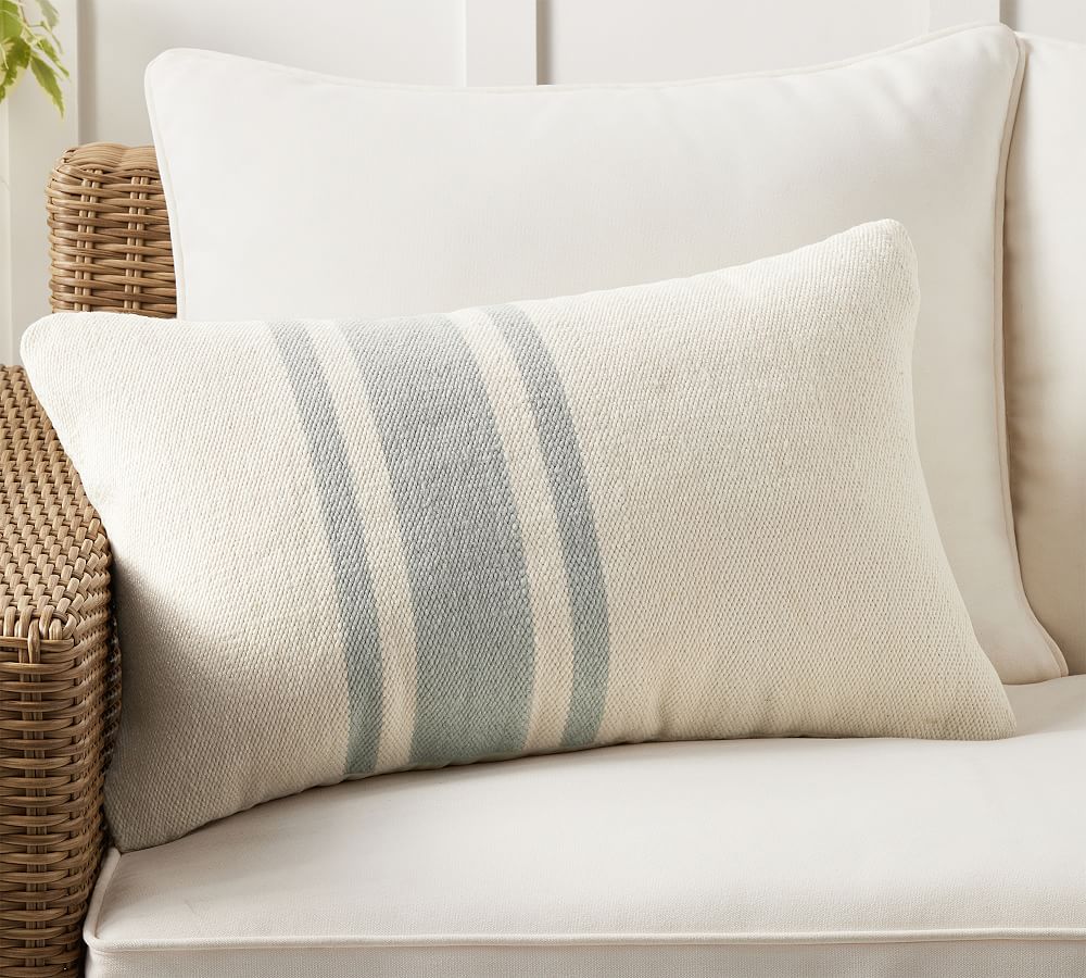 Farmhouse blue striped grain sack decorative lumbar accent pillow