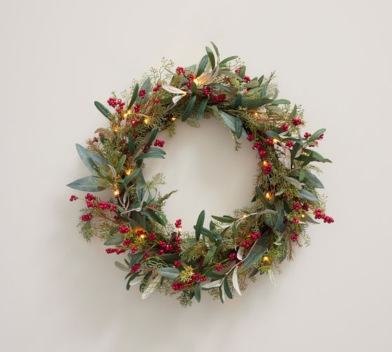 Lit Faux Eucalyptus and Berry Wreath & Garland | Pottery Barn