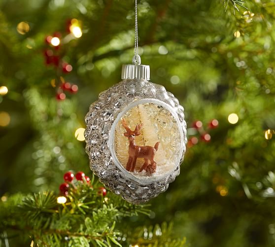 Lit Reindeer Scene in Mercury Christmas Ornament | Pottery Barn