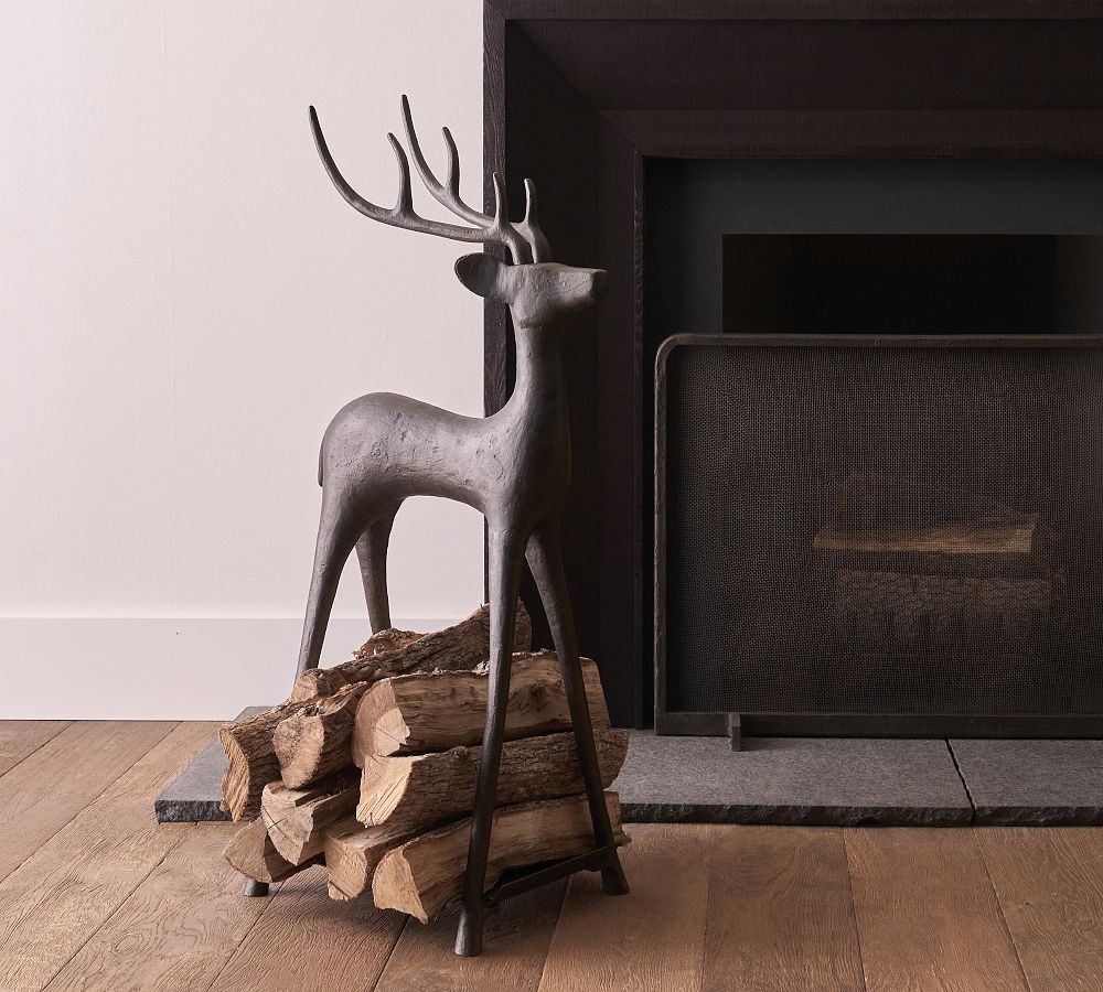 OPEN BOX Sculpted Reindeer Fireplace Log Holder Pottery Barn