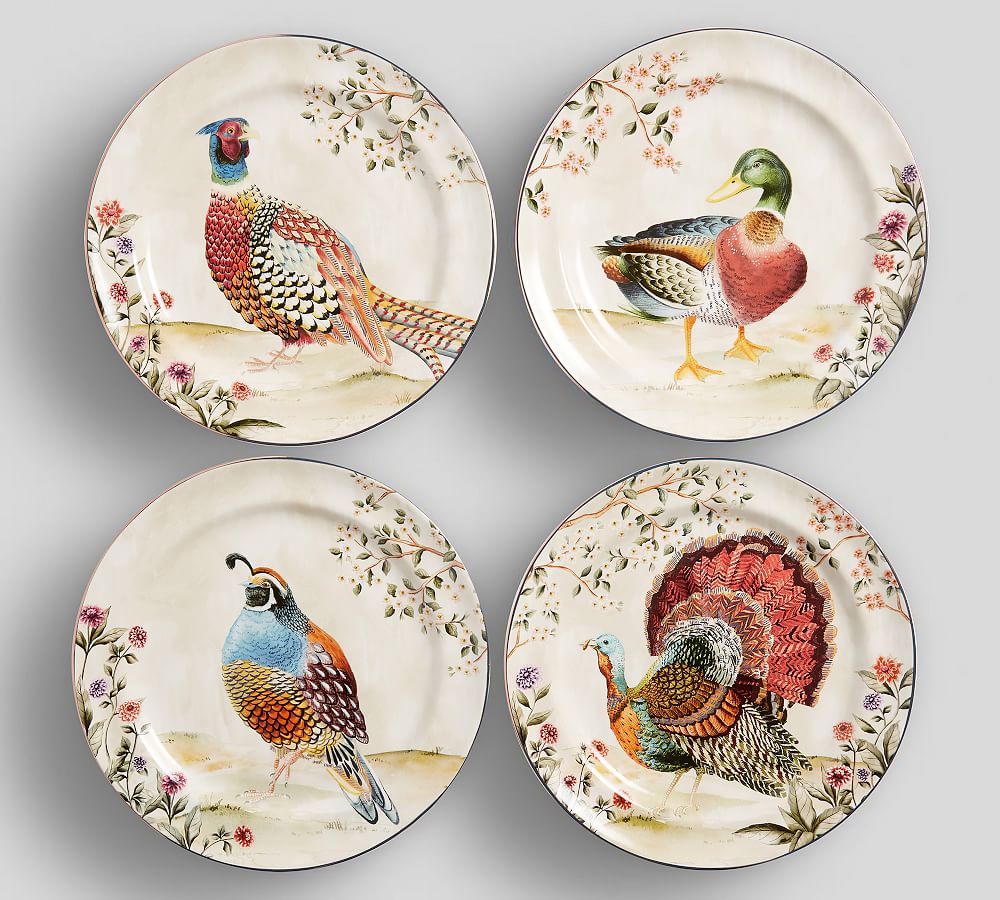 Botanical Harvest Bird Stoneware Dinner Plates - Set of 4