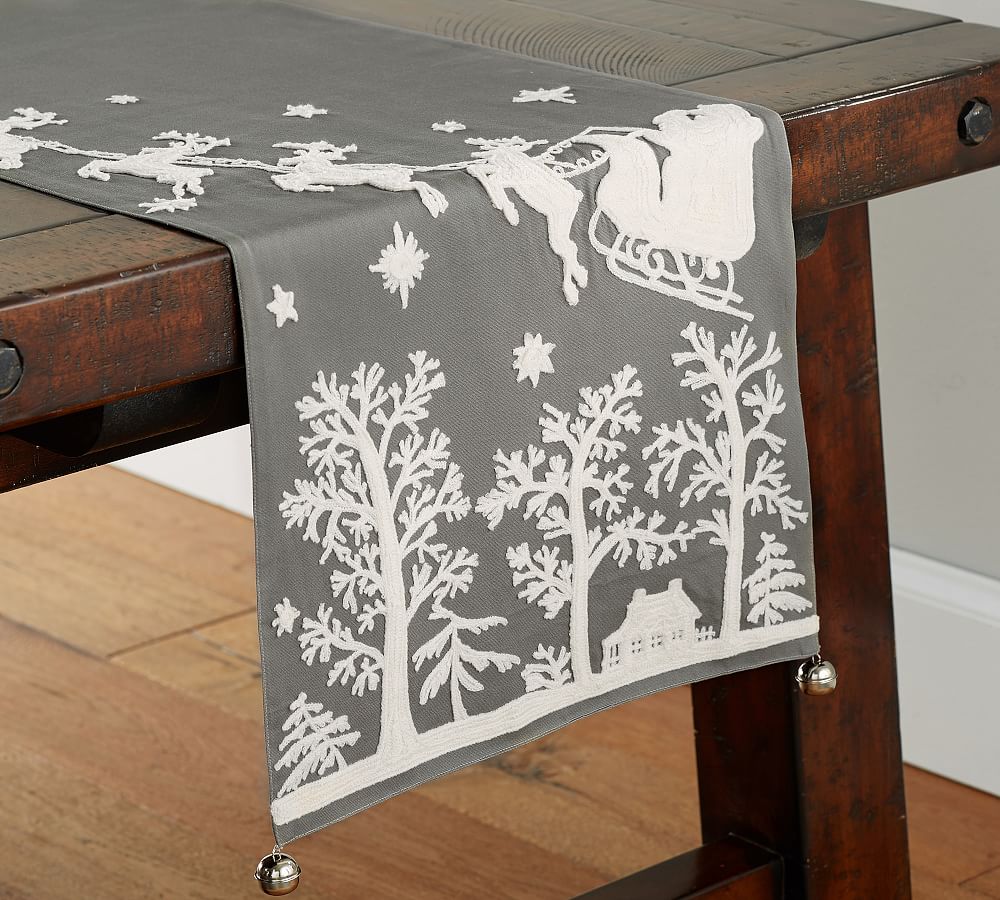 Sleigh Bell Crewel Embroidered Table Runner - Gray | Pottery Barn