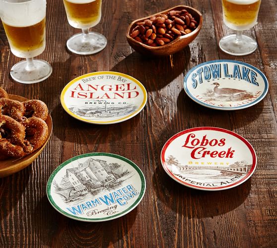 Beer Label Appetizer Plates, Mixed Set of 4 | Pottery Barn