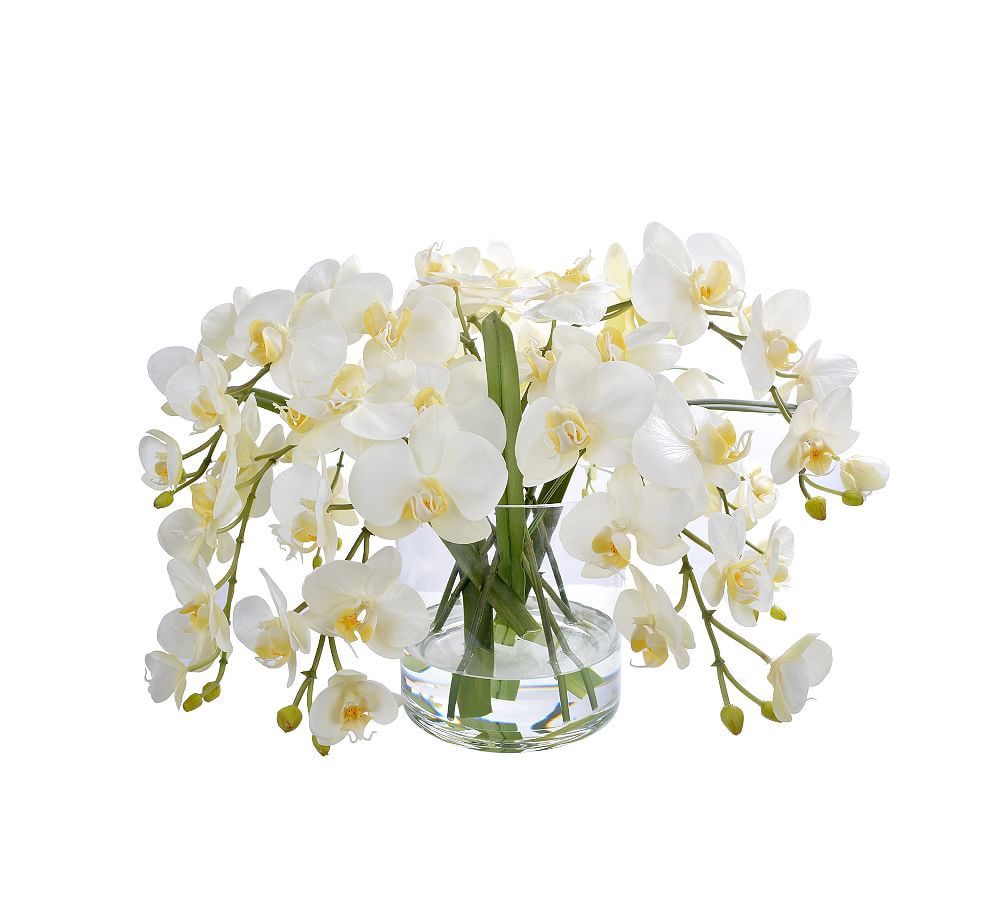 Faux Orchid Phalaenopsis In Round Glass Vase