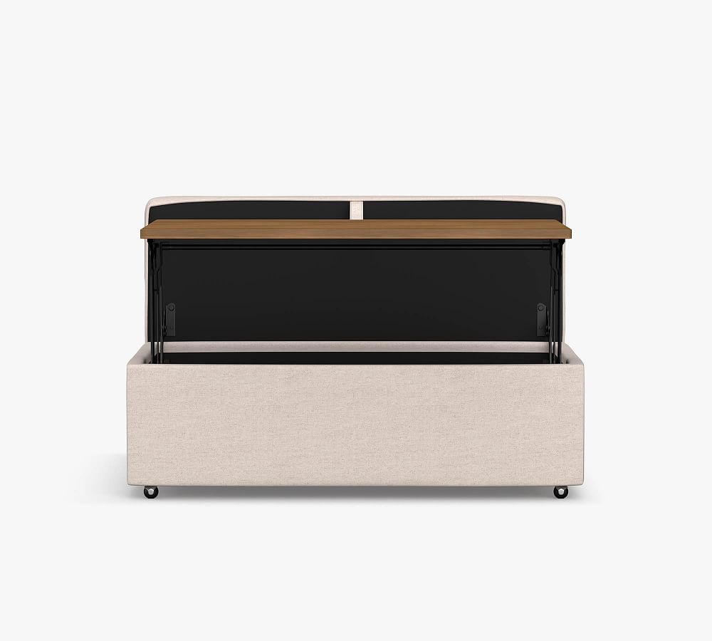 PB Comfort Upholstered Storage Ottoman with Pull Out Table Pottery Barn