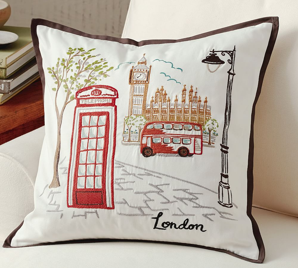 London Embroidered Decorative Pillow Cover Pottery Barn