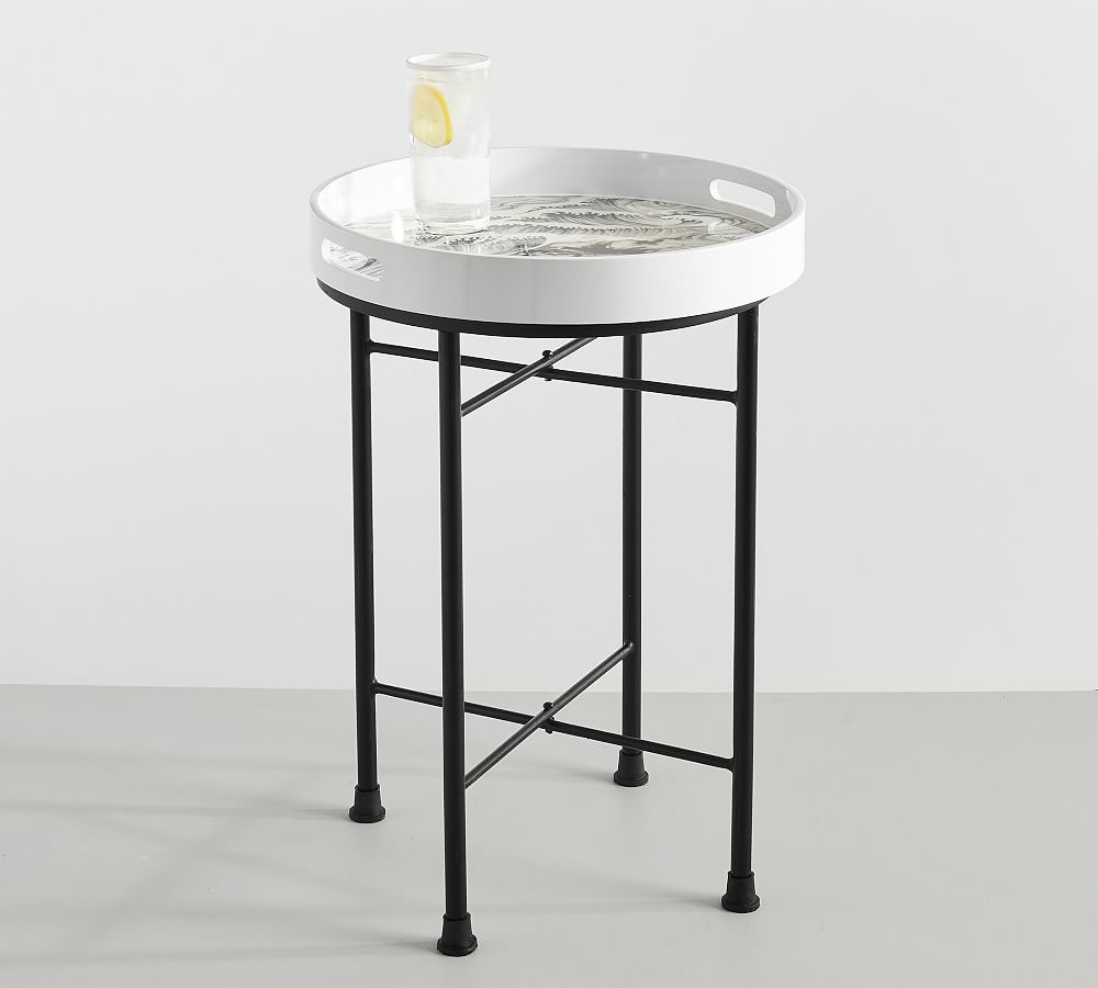 Waves Handcrafted Round Lacquer Serving Tray with Stand Pottery Barn