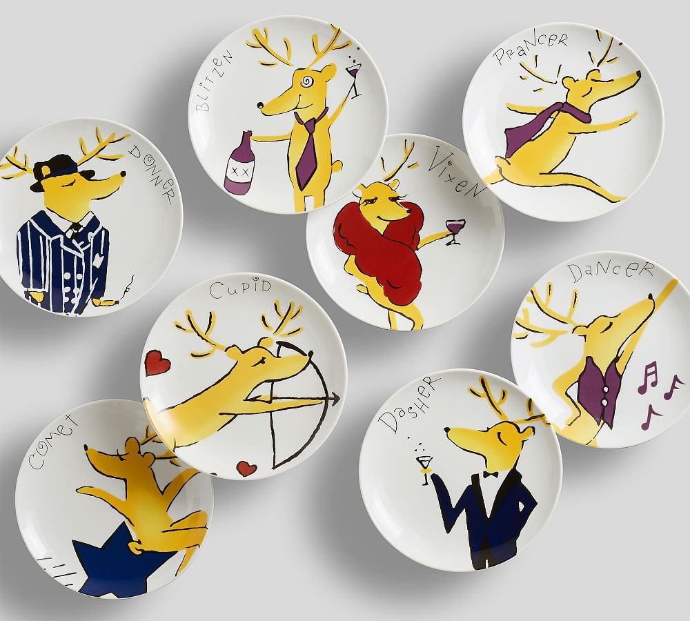 Santa's Reindeer Porcelain Appetizer Plates Set of 8 Pottery Barn