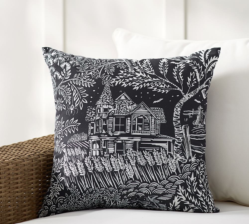 Spooky House Print Outdoor Throw Pillow Pottery Barn   Spooky House Print Outdoor Throw Pillow L 