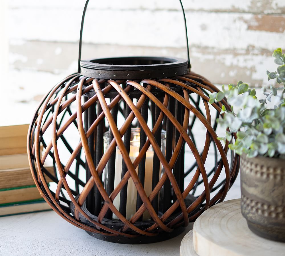 Round Willow Lantern With Wooden Handle | Pottery Barn