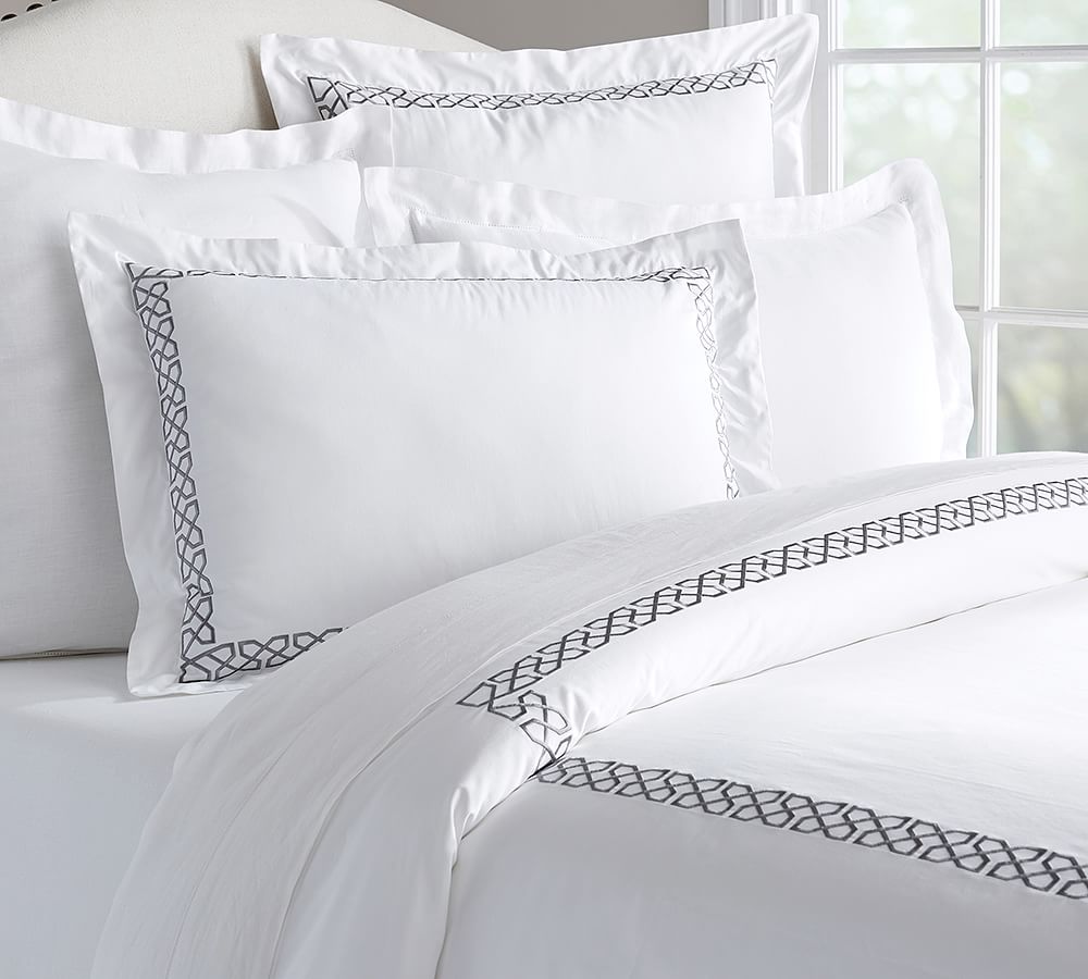 Avery Embroidered Sateen Organic Patterned Duvet Cover & Sham Pottery