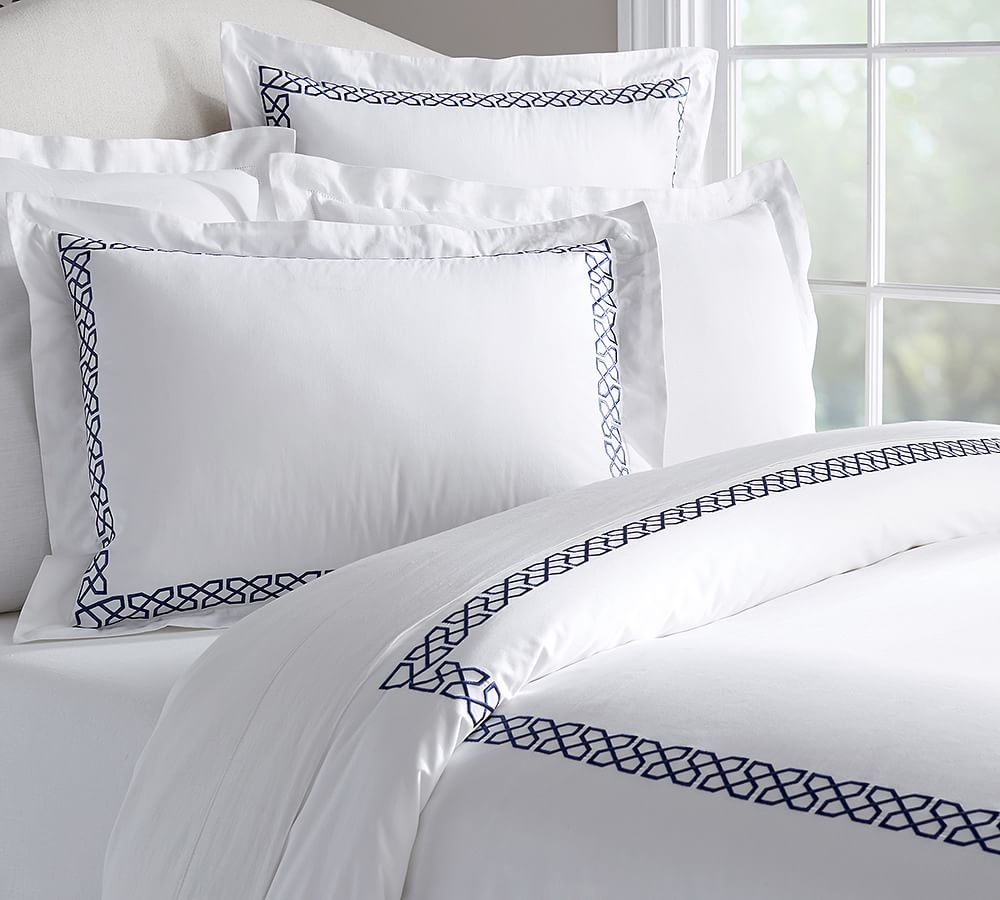 Avery Embroidered Sateen Organic Patterned Duvet Cover & Sham Pottery