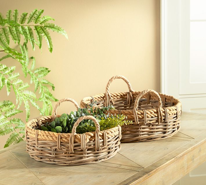 Woven Rattan and Faux Leather Baskets, Set of 2